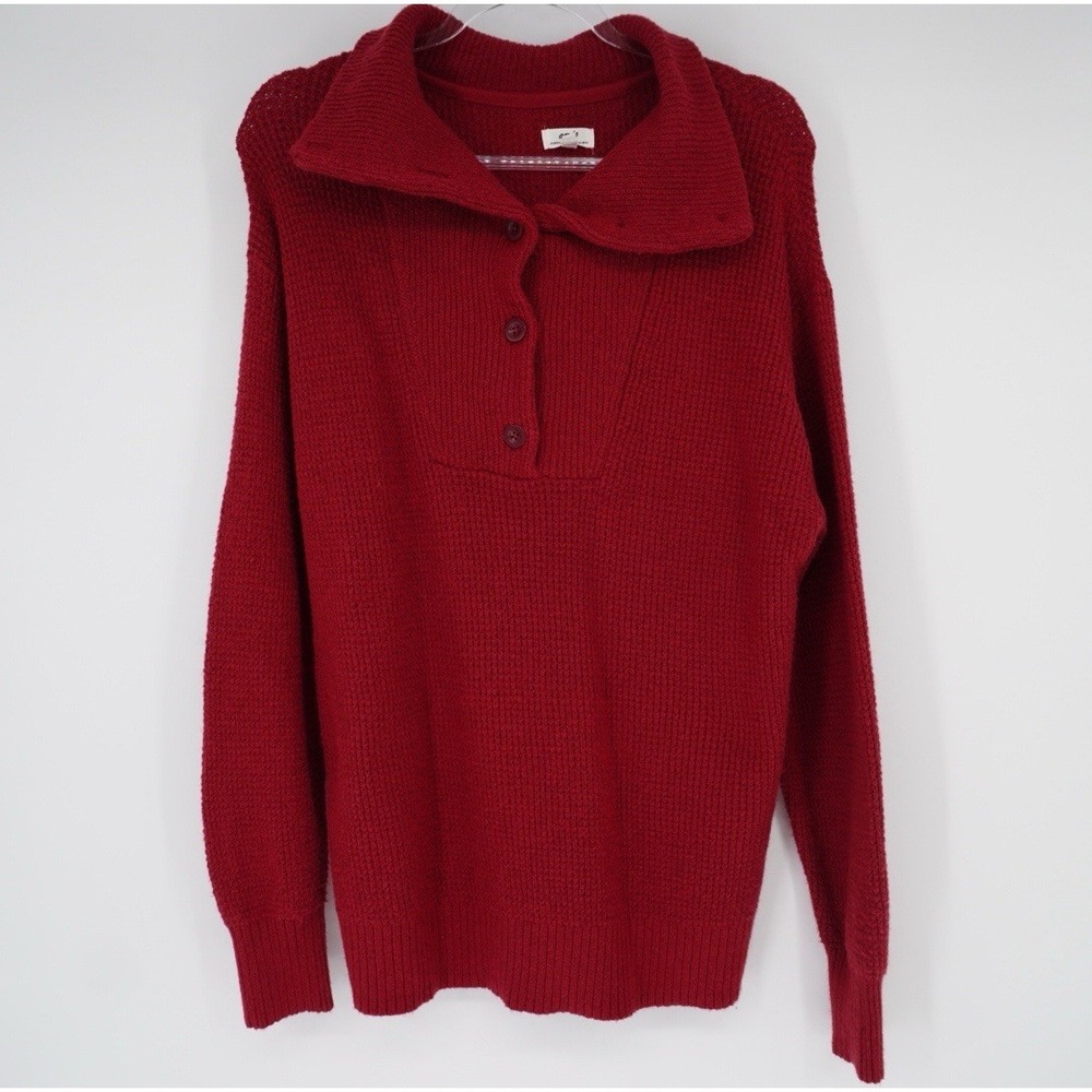 Aerie Cozy‎ Up Waffle Knit Polo Sweater Women Burgundy Oversized Small